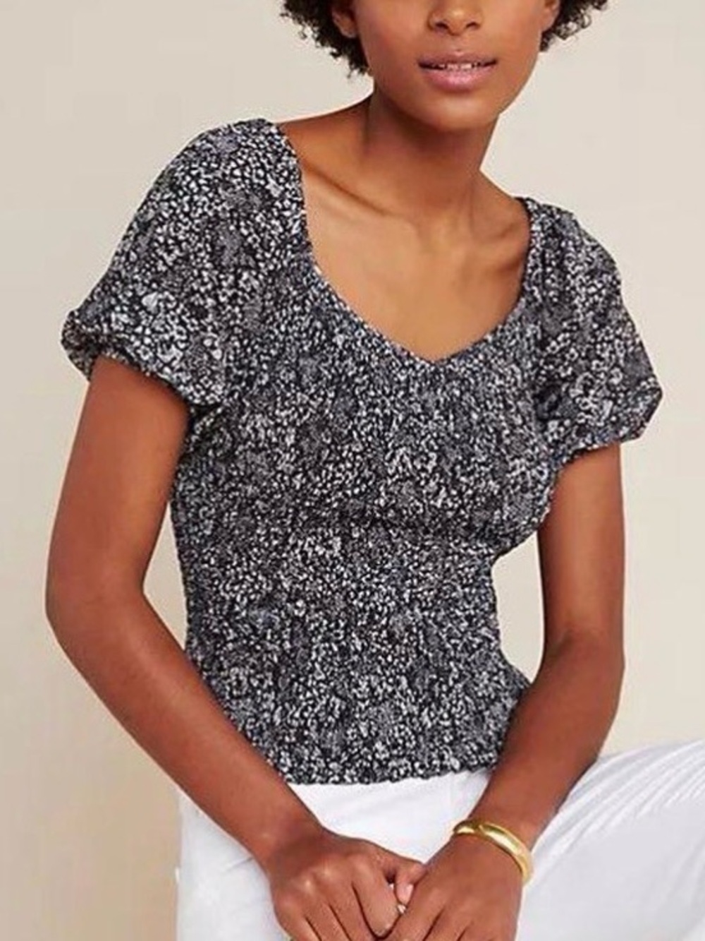 Anthropologie Aurelia Smocked Black White Puff Sleeve